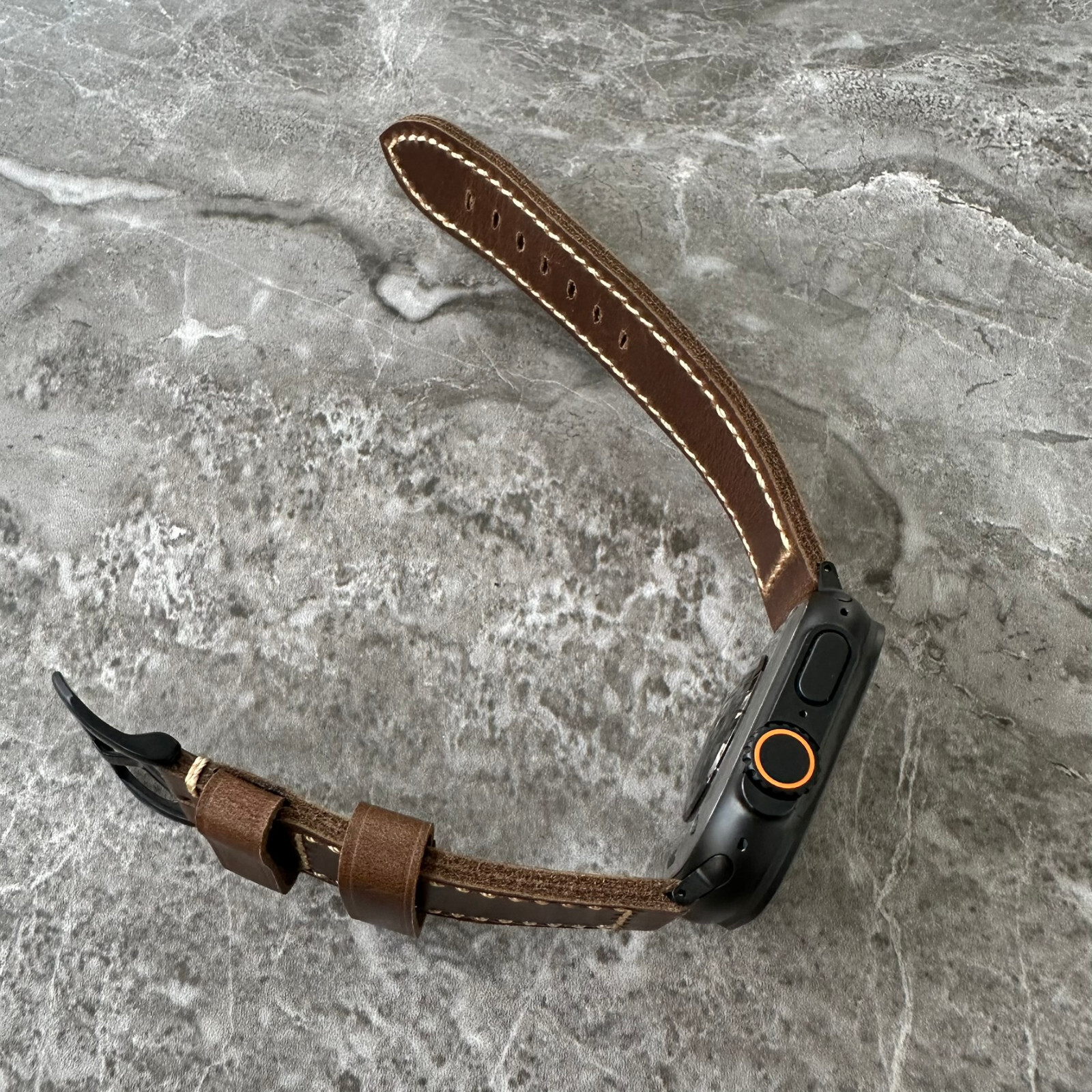 Premium Leather Thick Dark Brown Watch Strap For Black Apple Watch Ultra 49mm