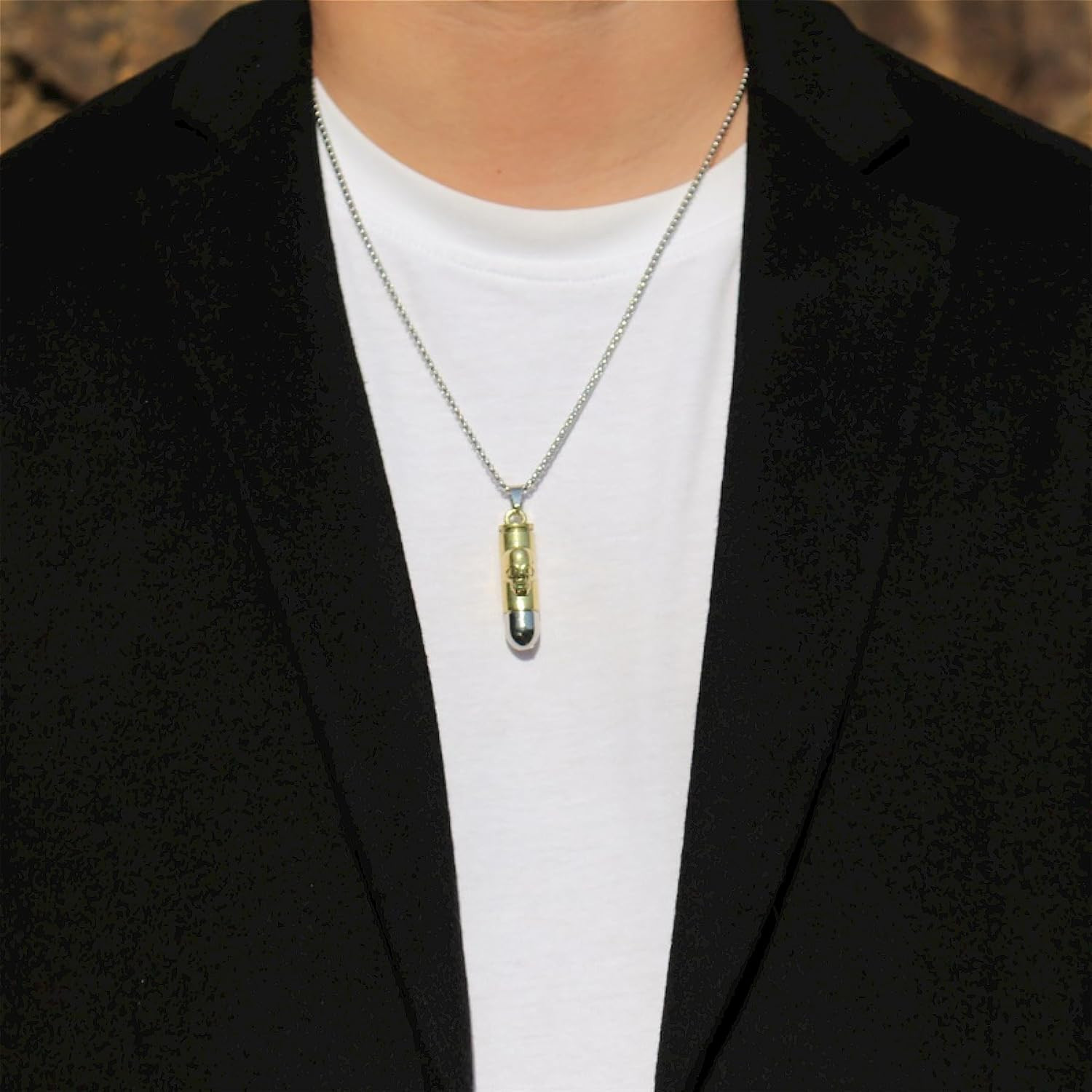Men’S Alloy Pendant Vintage Imitation Bullet Necklace, Stainless Steel Chain 24
