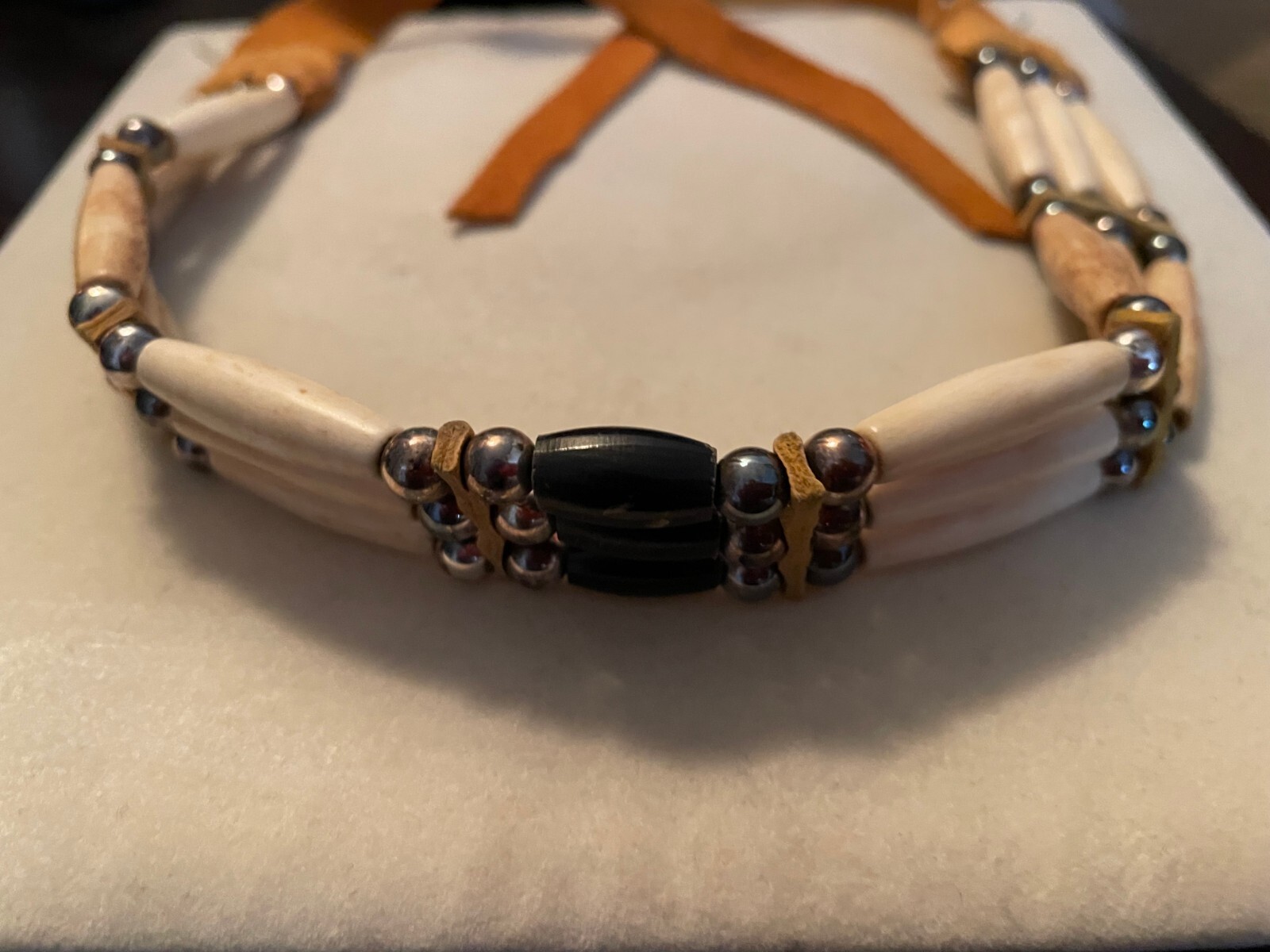 CHOKER NECKLACE HANDMADE BONE & STERLING CALF SKIN LEATHER SANTA FE, NM