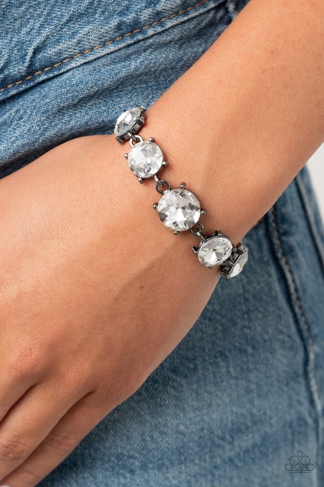 Paparazzi Tennis Bracelet, Black Tone Clear Crystal Rhinestones, Lobster Clasp