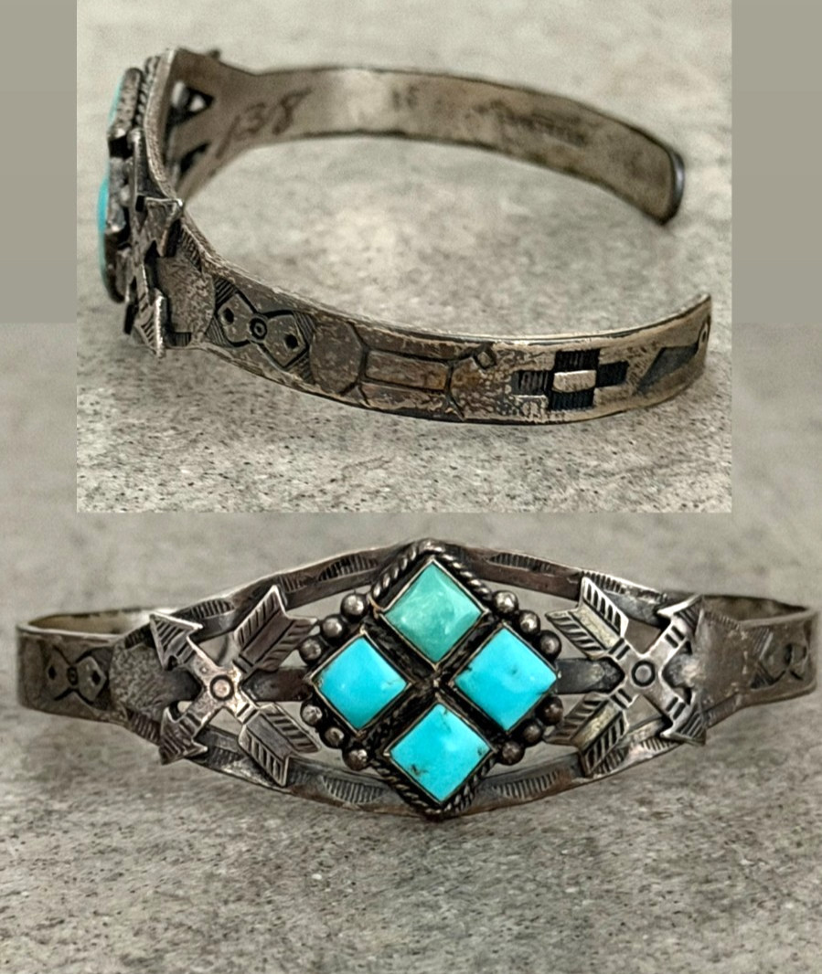 RARE Vintage FRED HARVEY era Navajo CROSSED ARROW Turquoise Sterling Bracelet