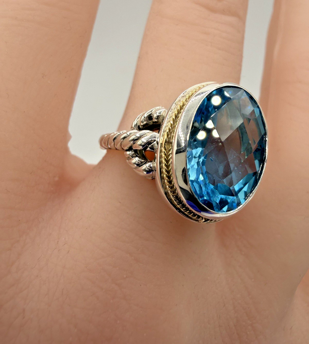 Designer Effy Sterling Silver & 18k Gold Oval Blue Topaz Twisted Cable Ring Sz 7