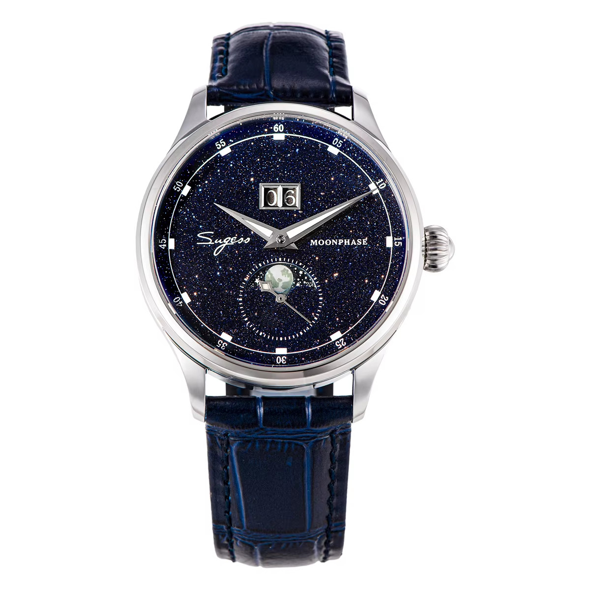 Sugess Moonphase 40MM Automatic Mechanical ST2528 Movement Blue Sandstone Dial