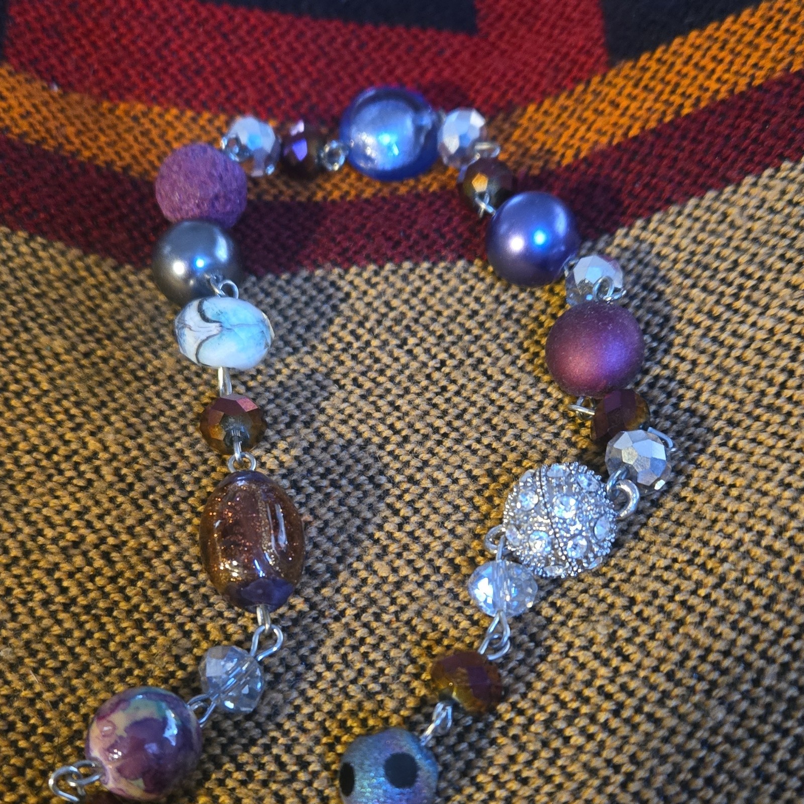 Purple Blue Silver Beaded Necklace Glass Beads Crystal Accents Ball/Bead