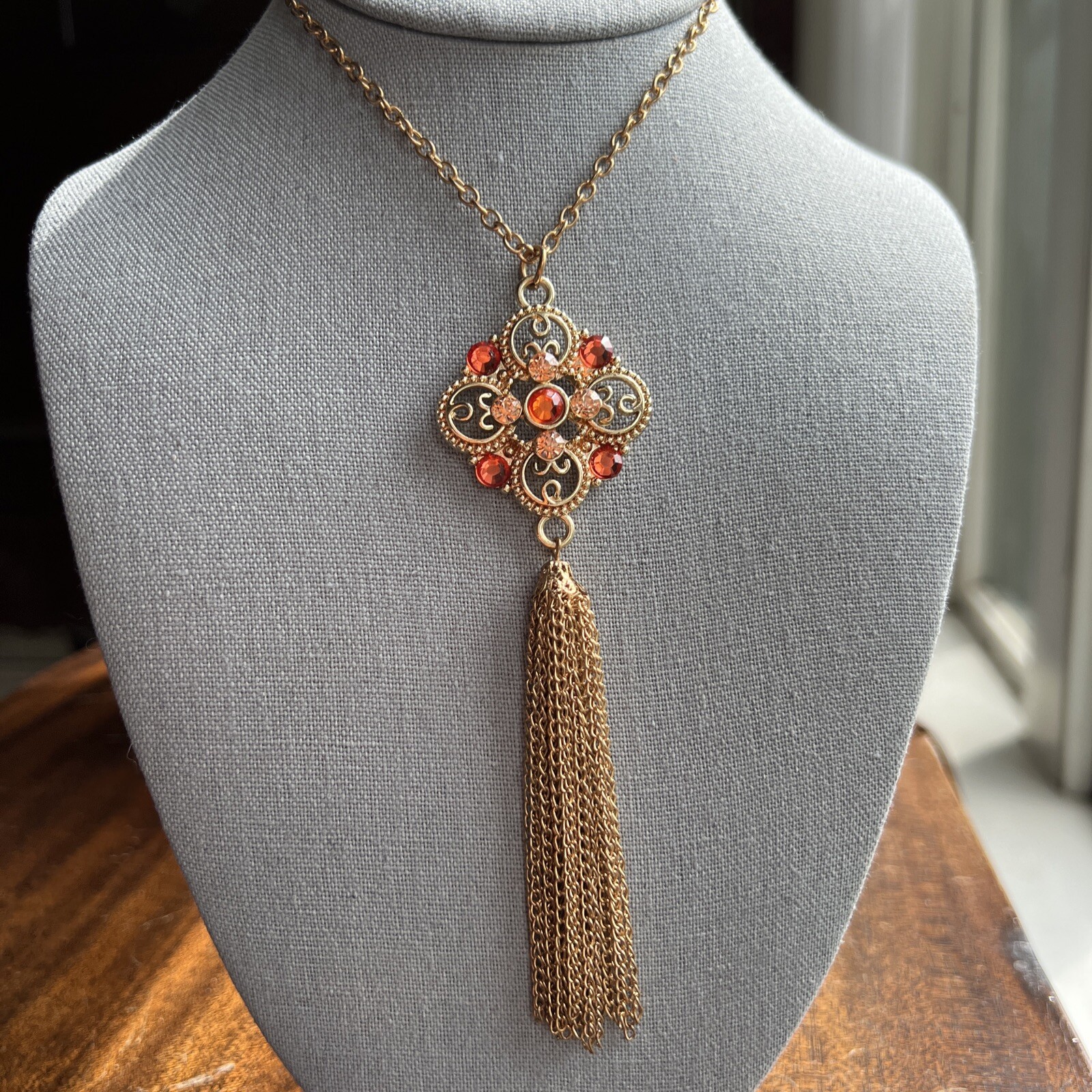 Mid-Century Orange /Pink Rhinestone Gold Tone Tassel Statement Necklace Fabulous
