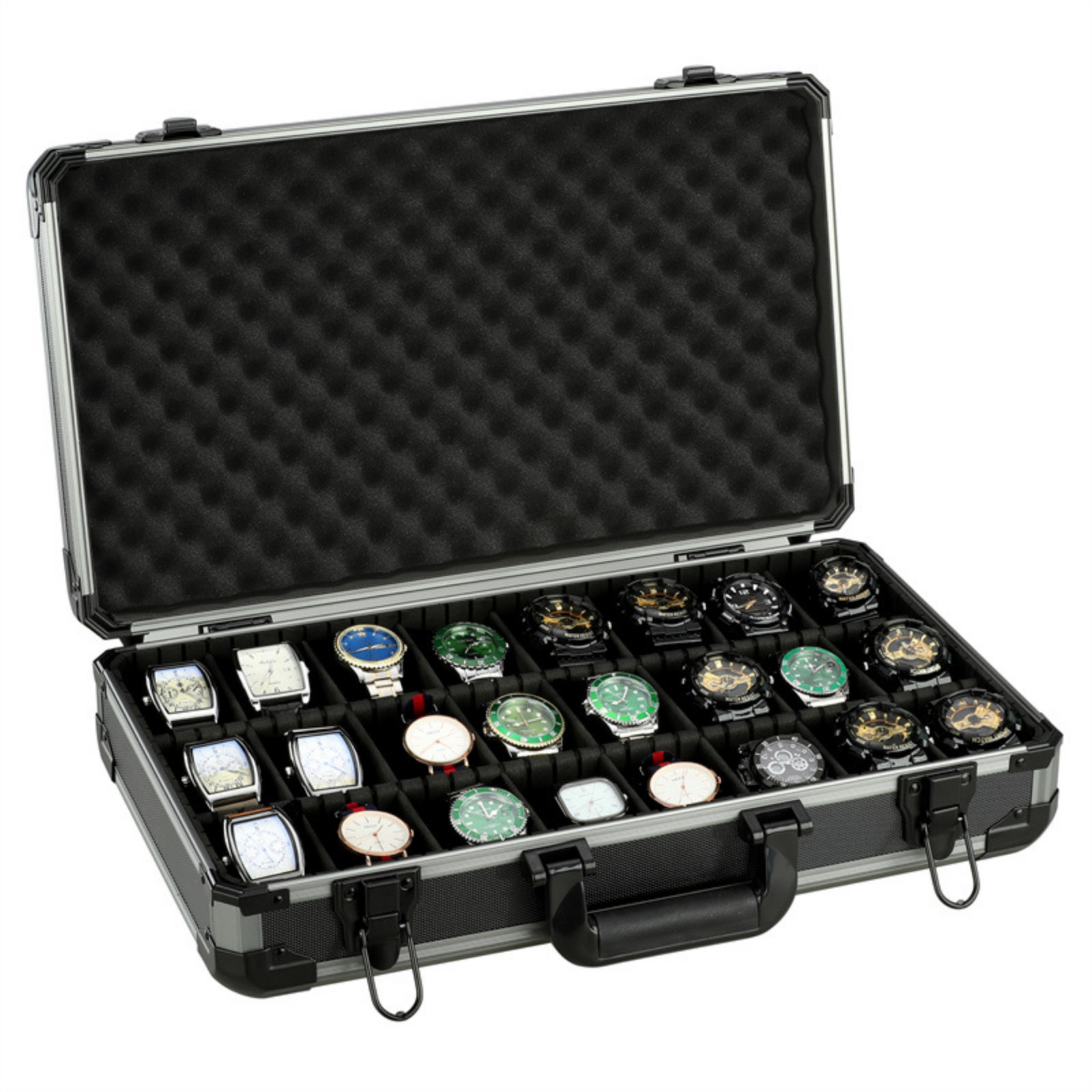 Watch Boxes 18 or 24 Slots Black Aluminum Briefcase with Lock for Mens Watches