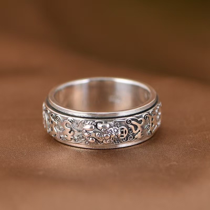 Pure S925 Sterling Silver Band Men Women Six Words Pixiu Ring Us Size :8-13