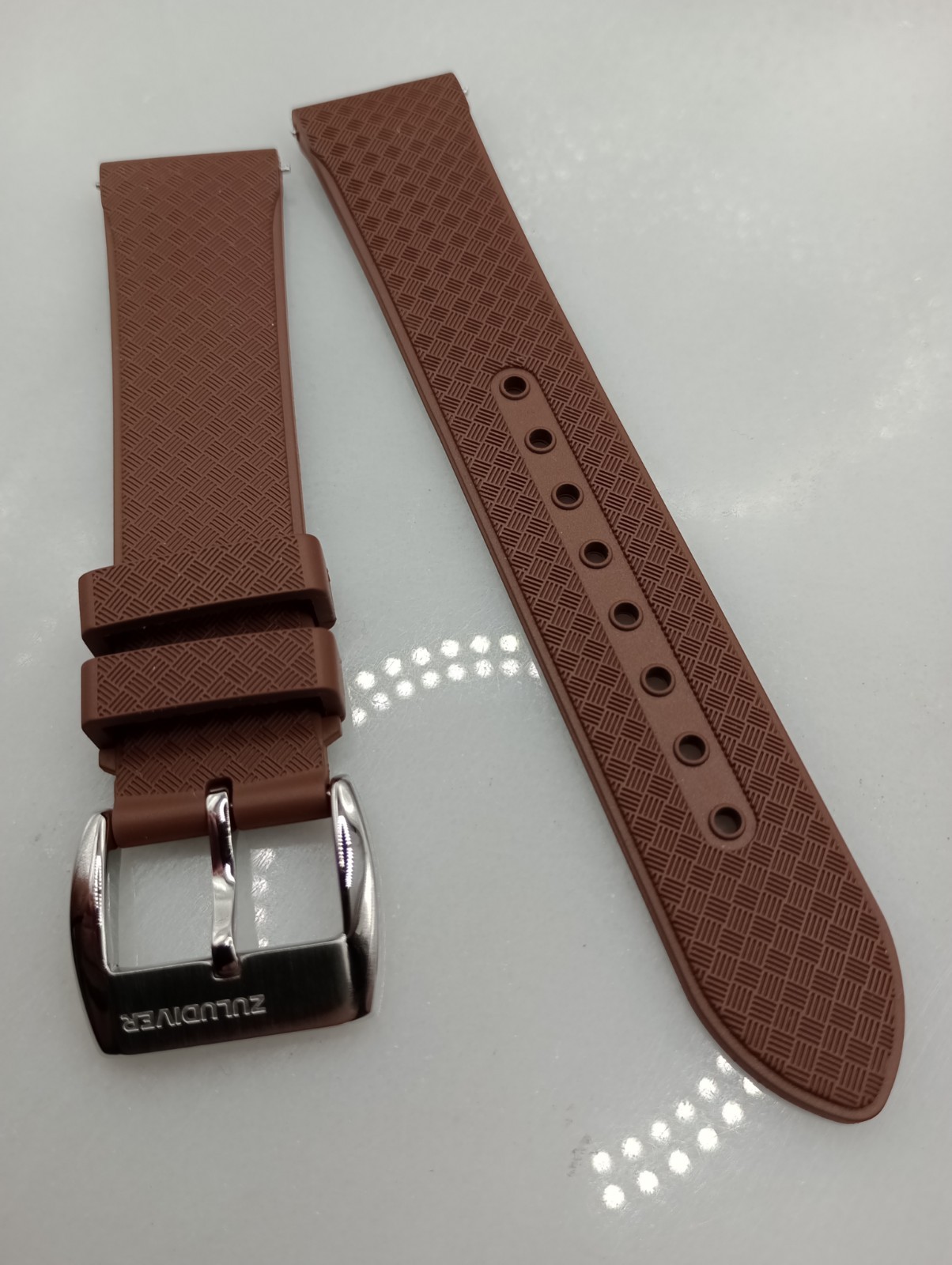 New 20mm Watchgecko Zuludiver HNBR Rubber Watch Strap Brown Quick Release 6B428