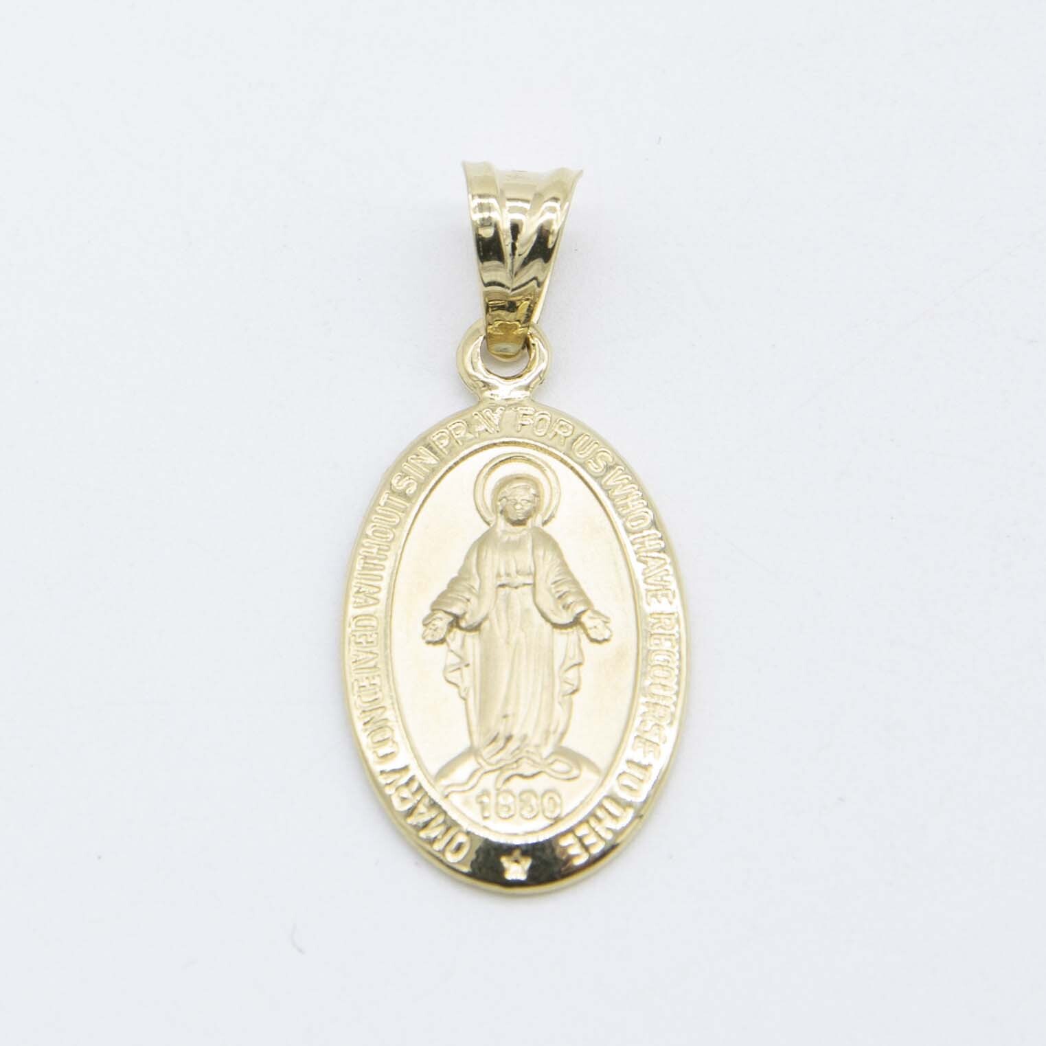 1 1/4″ Oval Textured Miraculous Mary Pendant Real 14K Yellow Gold