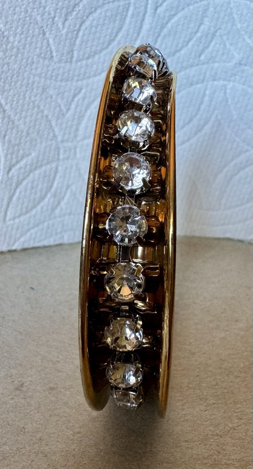 OOAK Rhinestone Prong Setting Chunky Gold Tone Bangle Bracelet 2.5” Diameter