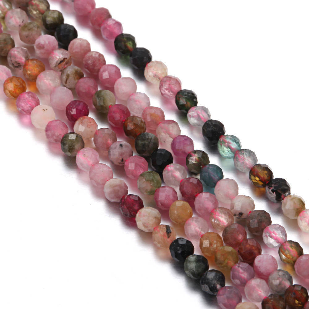 Multi Color Tourmaline Faceted Round Size 2mm 3mm 4mm 15.5″ Strand