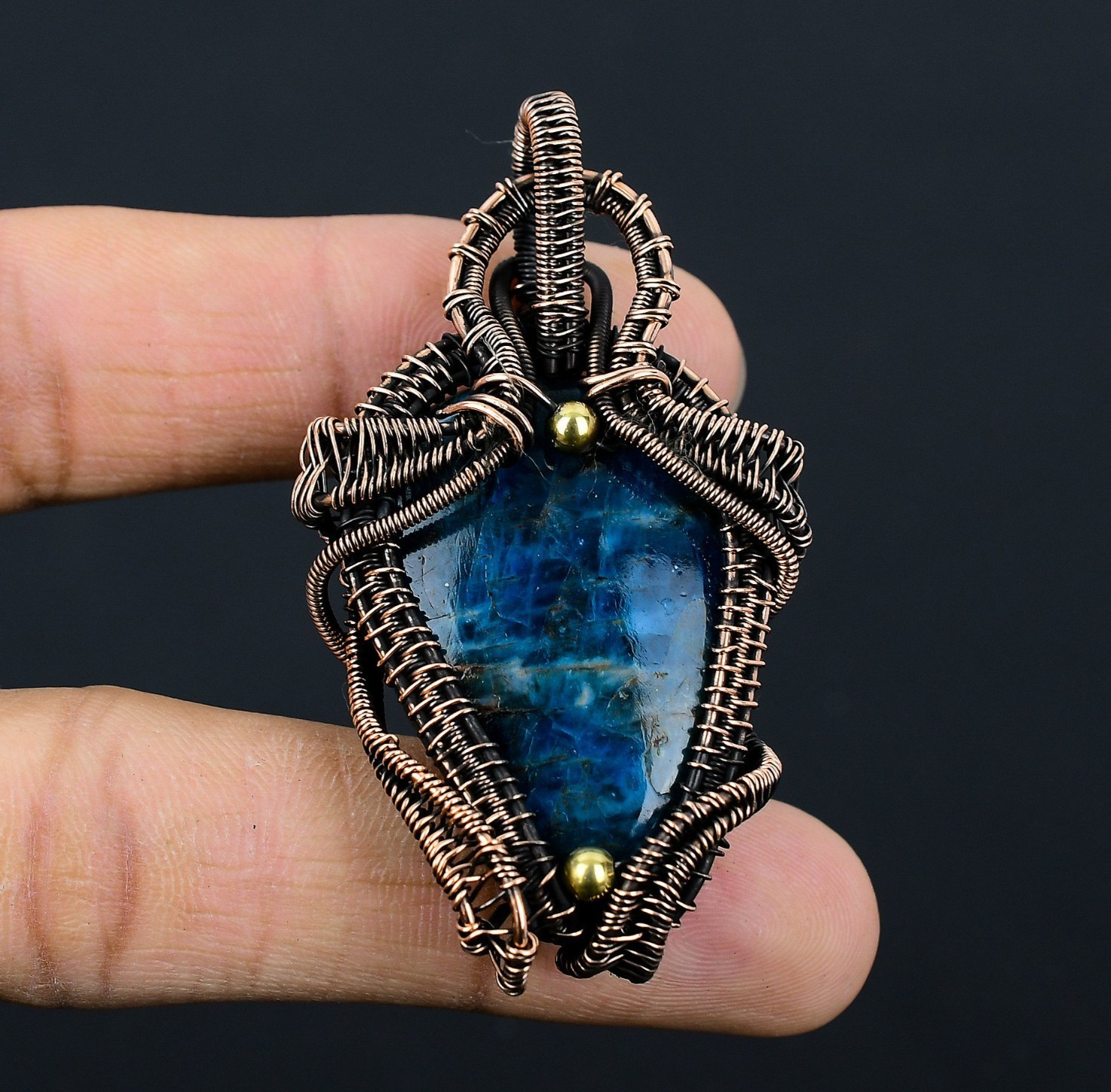 Neon Blue Apatite Handmade Gemstones Copper Wire Wrap Wedding Pendant Jewelry