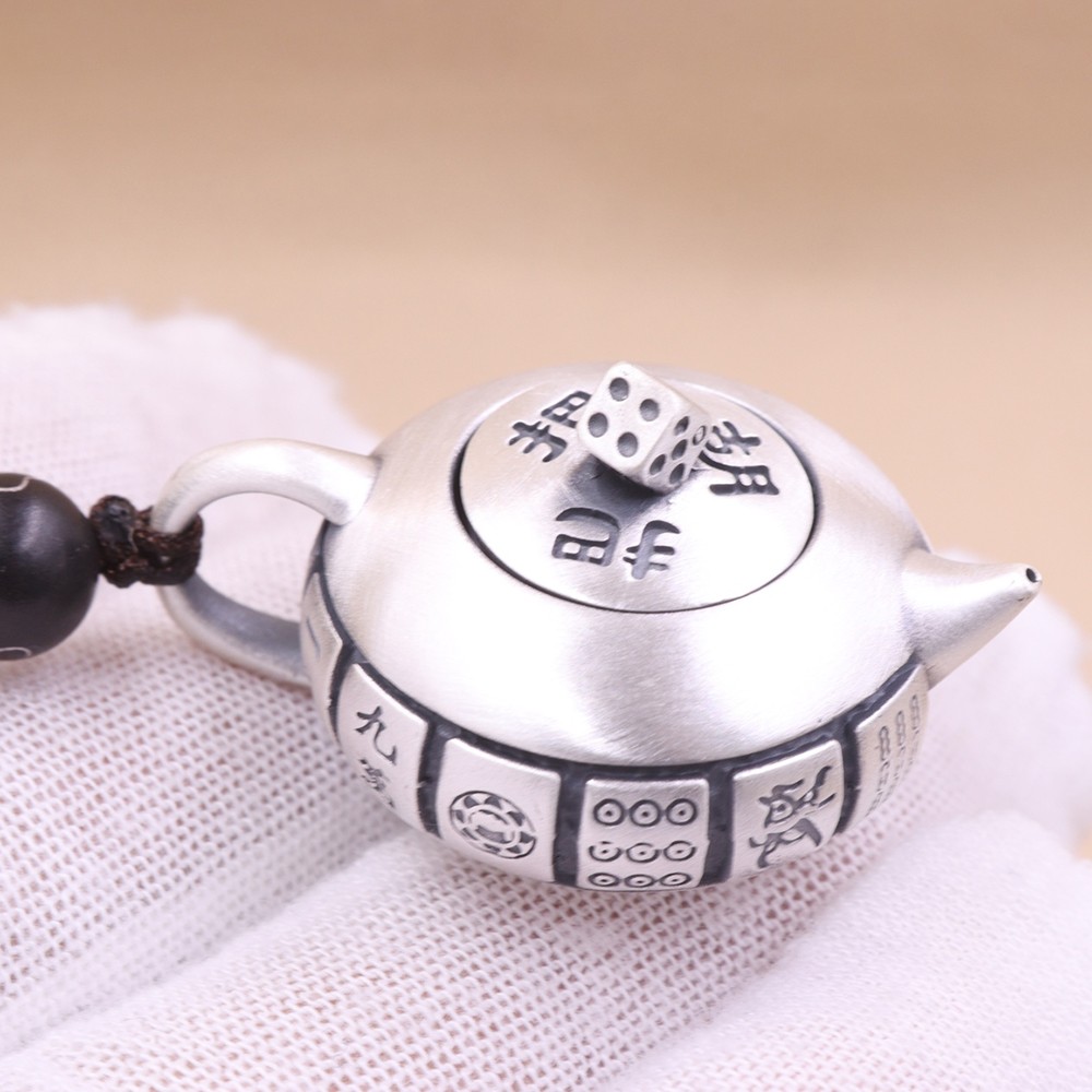 Solid S999 Fine Silver Carved Wealth Mahjong Win Tea Pot Pendant 25-26g 38*28mm