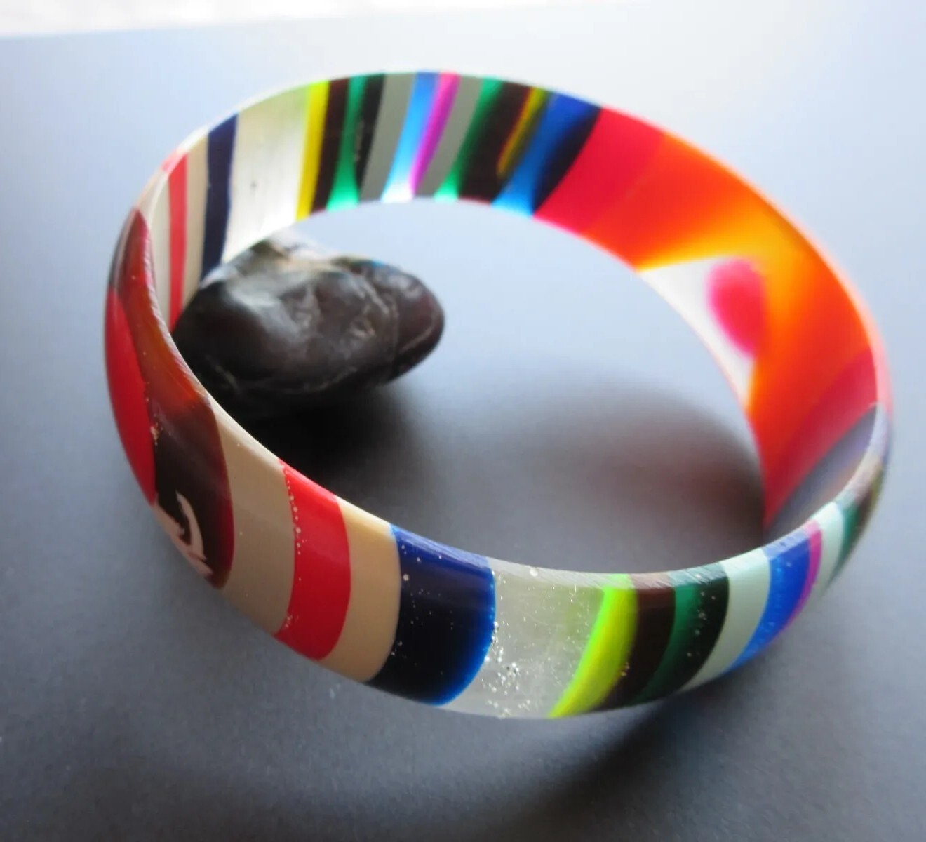 Mid century Multi color Striped Early Lucite Acrylic Bangle Bracelet 2 7/8″