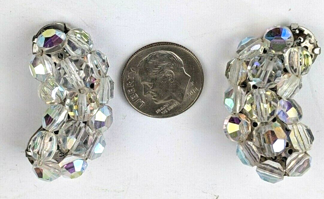Cut Crystal AB Cluster Bead Earrings Vintage Climber Clips 1.5″ Tall Very Good
