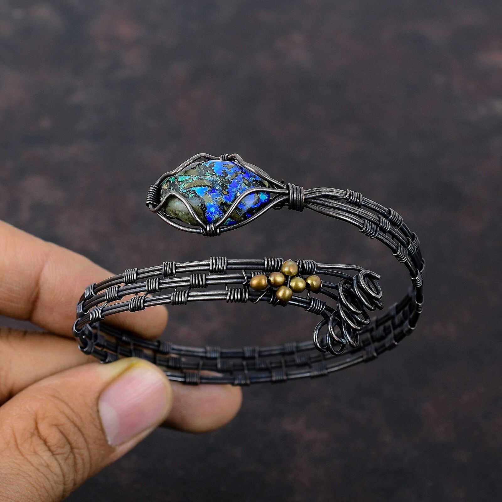 Azurite Malachite Wire Wrapped Adjustable Cuff Handcrafted Copper Unique Gift