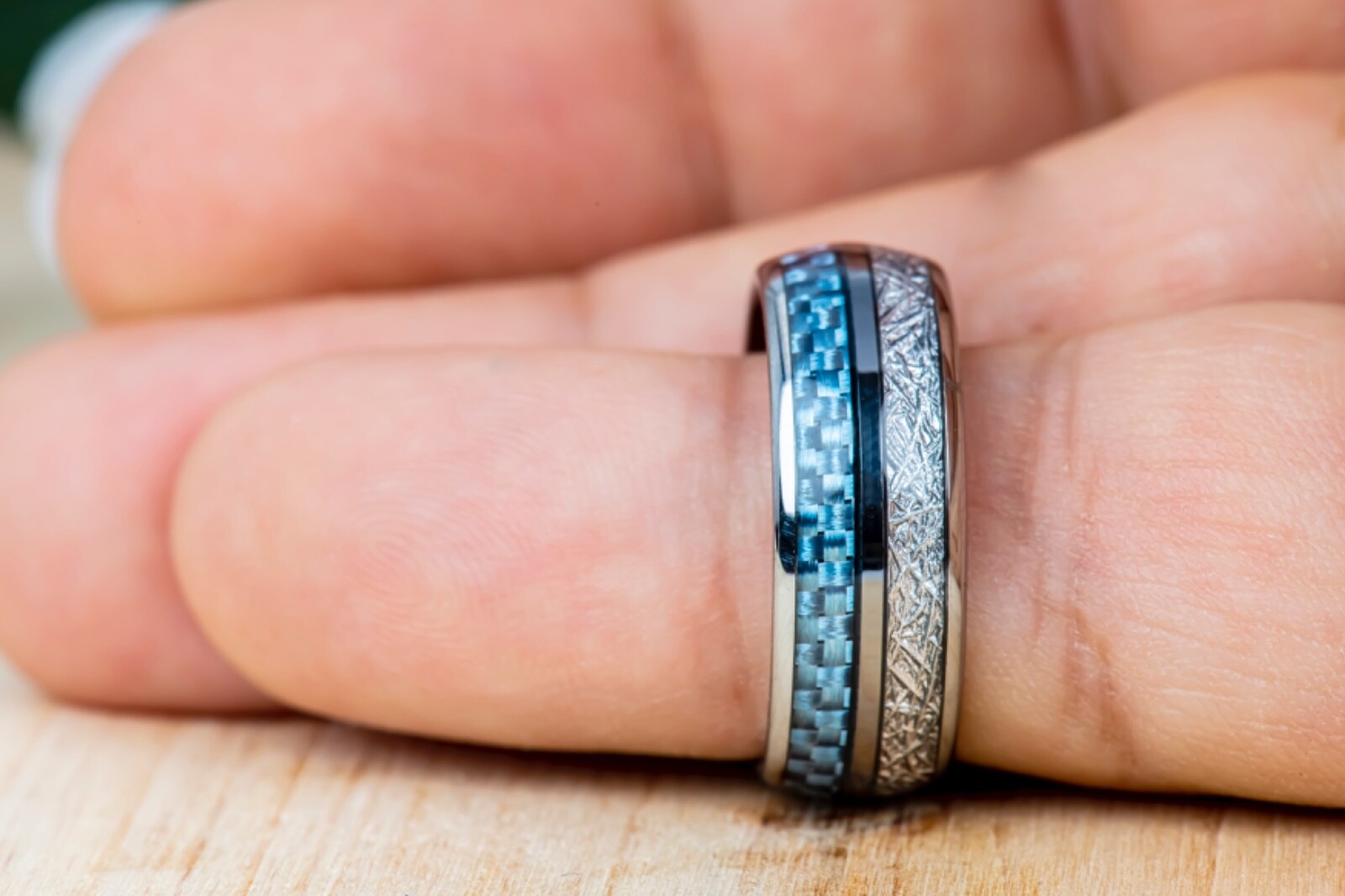 Tungsten Ring Imitation Meteorite & Blue Carbon Fiber Domed Mens Wedding Ring