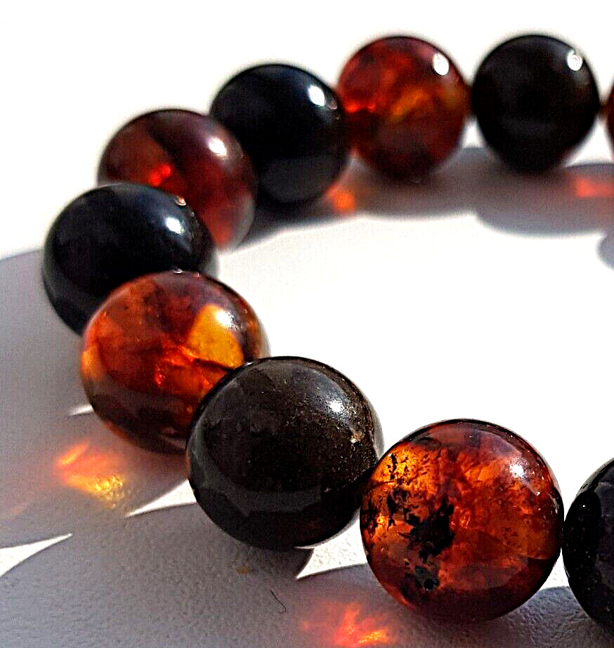 Real Baltic Amber Boho Round Beads 9 mm, Bracelet 16 cm 6.3”, Red Cherry, Black