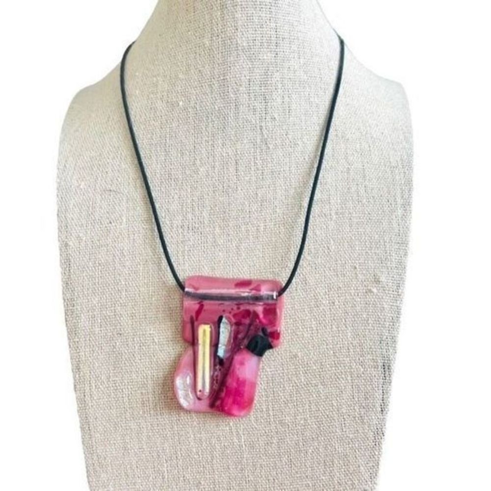 NEW Artist Made Pink Mixed Media Fused Glass Statement Necklace on Stretch Cord