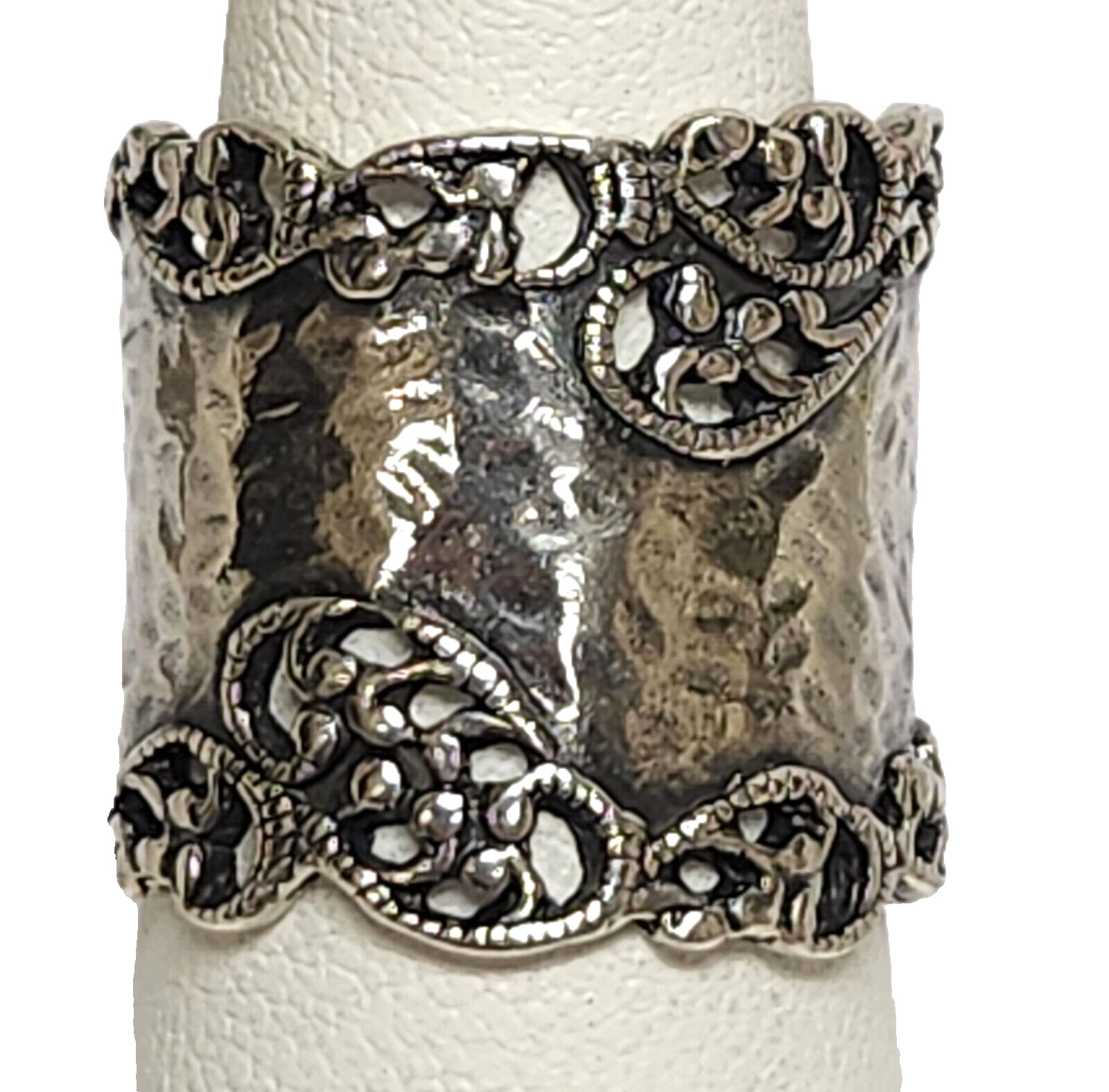 PZ PAZ Israel 925 Sterling Silver Hammered Scroll Work Cigar Band Ring Size 6