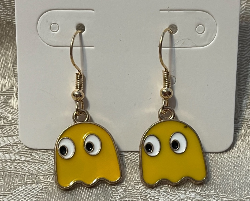 PAC Man CLYDE YELLOW Ghost Gold Loop Enamel Drop Dangle Adorable Earring Set