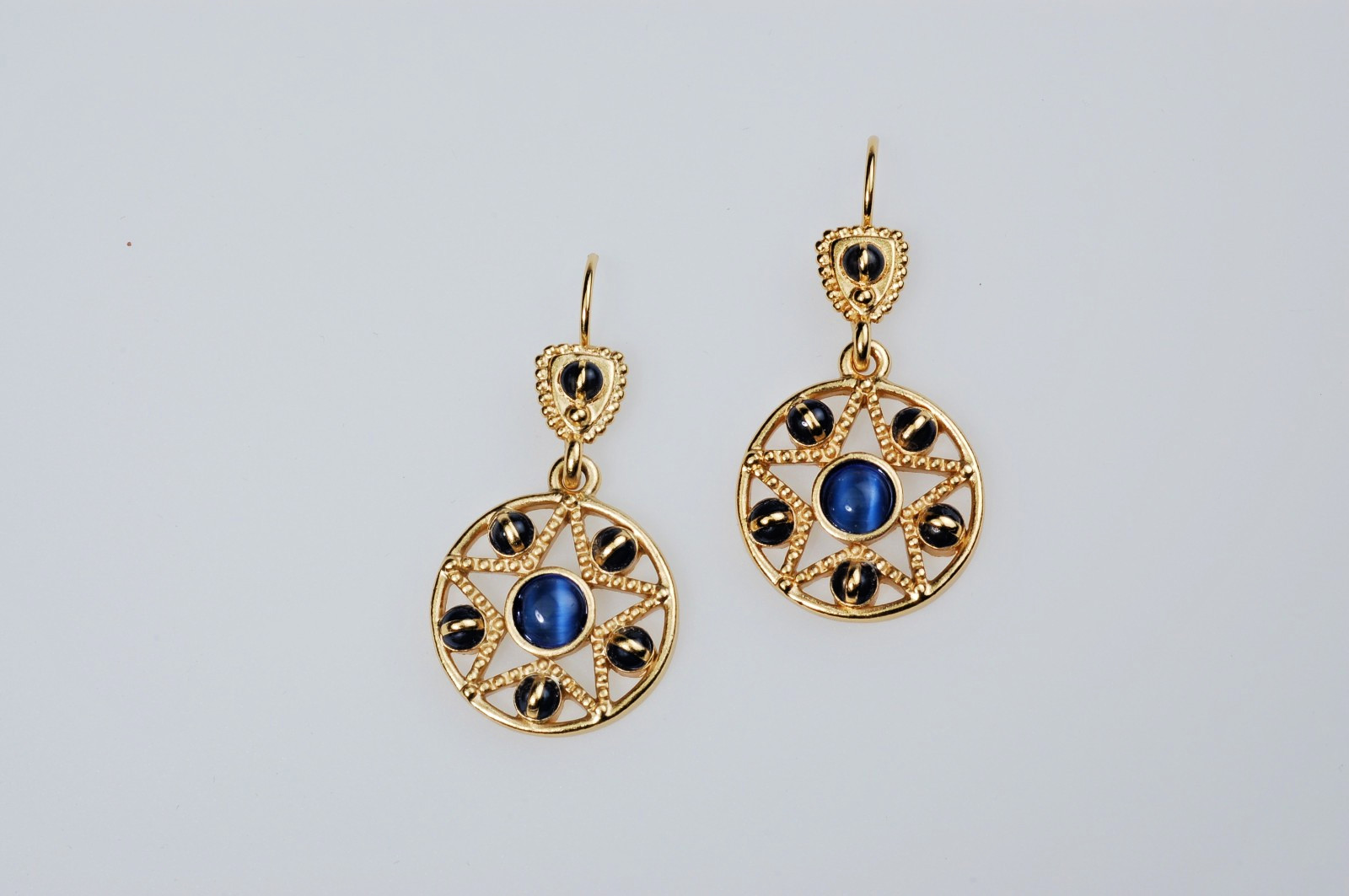 Victoria Gold Plated Blue Bead Filigree Earrings. Lead Free & Nickel Free.