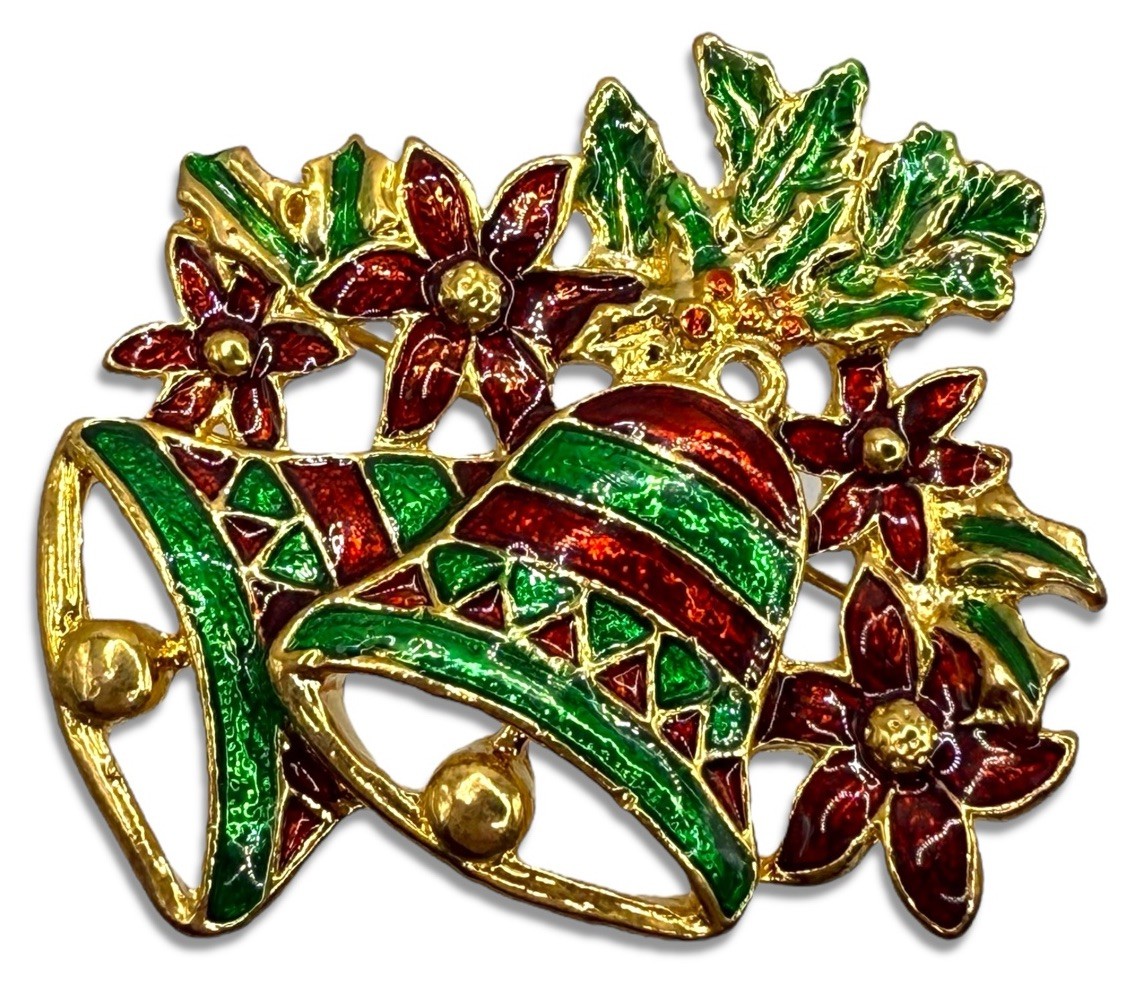 Vintage Christmas Holiday Enamel Jingle Bells & poinsettias Flowers Brooch Pin