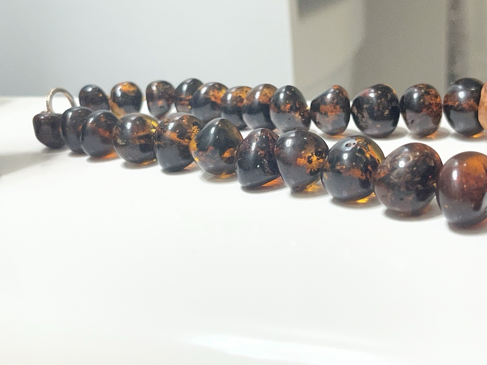 Baltic Amber Beaded Necklace Tied Nylon Cord with Carved Wood Frog/Floral Beads