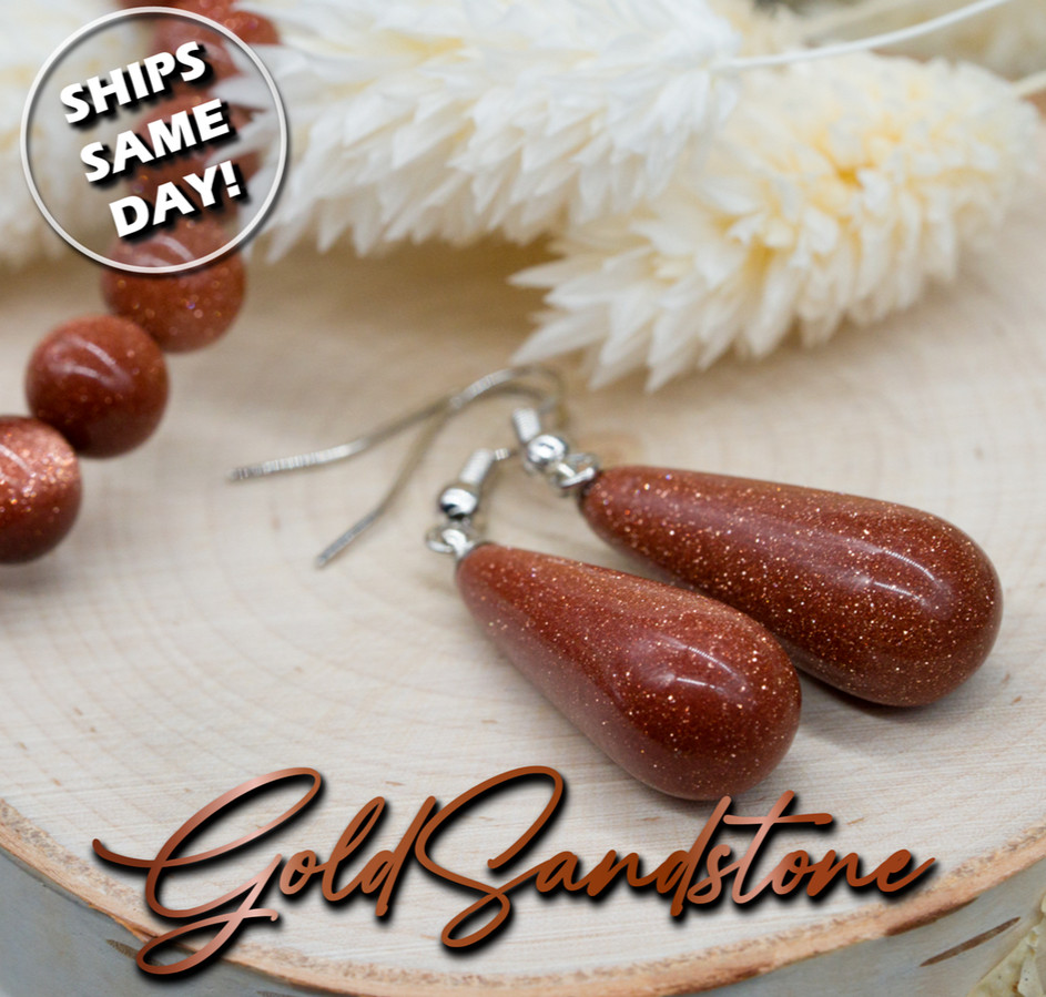 Gold Sandstone Goldstone Crystal Gemstone Teardrop Earrings Silver Jewelry Girls