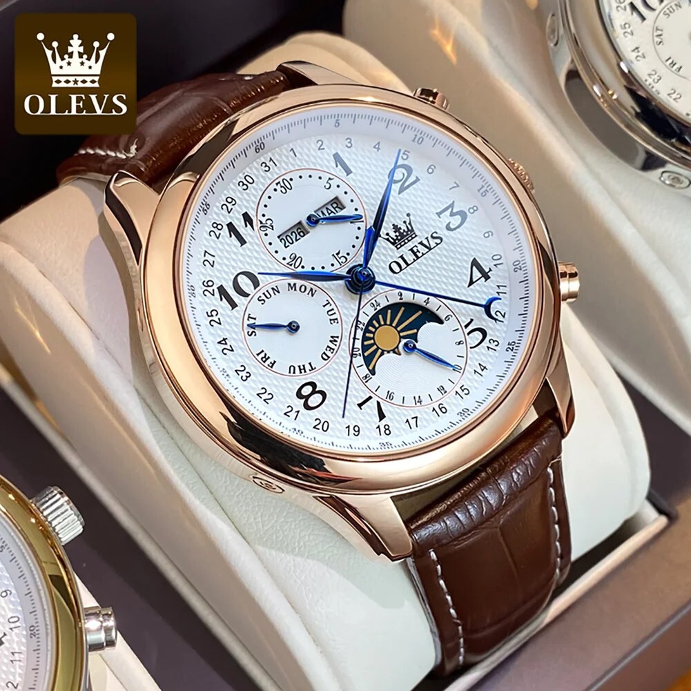 OLEVS Automatic Mechanical Watch Men’s Moon Phase Waterproof Leather Men Strap