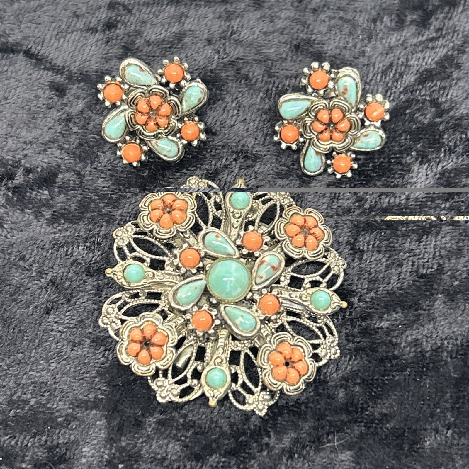 Vintage Silver tone Costume Jewelry Broach And Earrings Blue And Peach