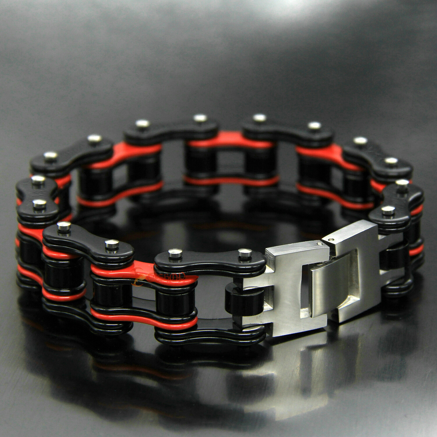Mens Stainless Steel Motorcycle Bike Chain Link Bracelet Heavy Biker Black/Red