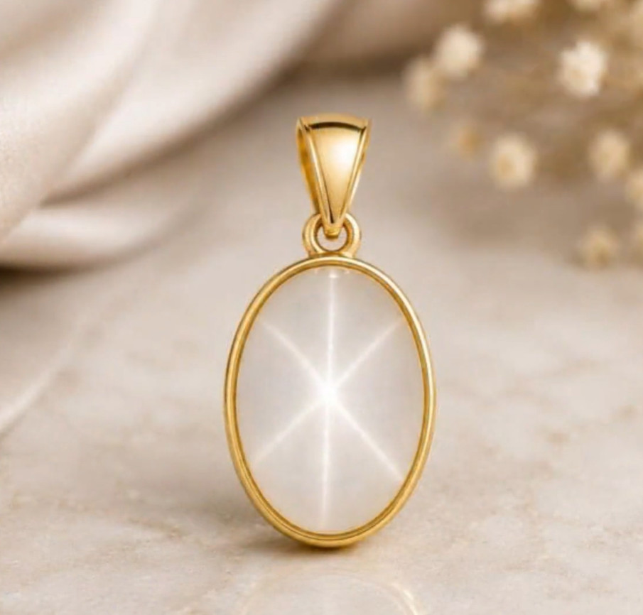 Gold Natural 6 Rays Star White Sapphire Necklace 925Silver Star Sapphire Pendant