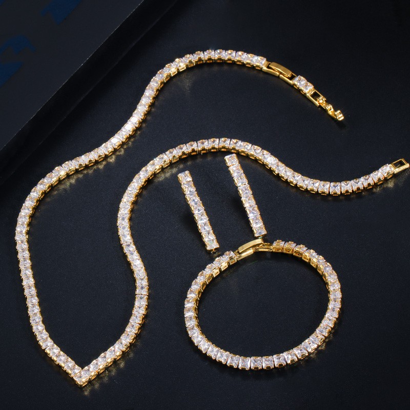 Square Zircon Gold Plated V Shape Tennis Necklace Bracelet Earrings Jewelry Set