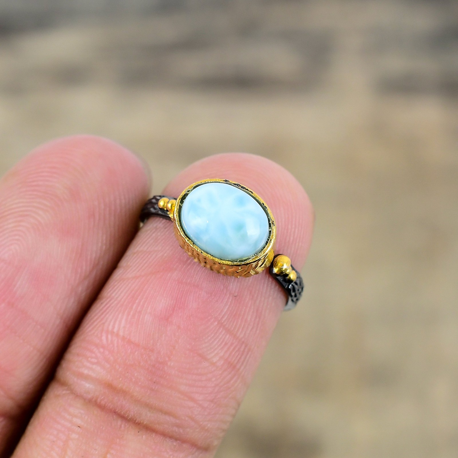 Larimar Black And Gold Plated 925 Sterling Silver Ring S.Adjustable R87110