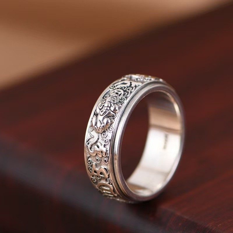 Pure S925 Sterling Silver Band Men Women Six Words Pixiu Ring Us Size :8-13