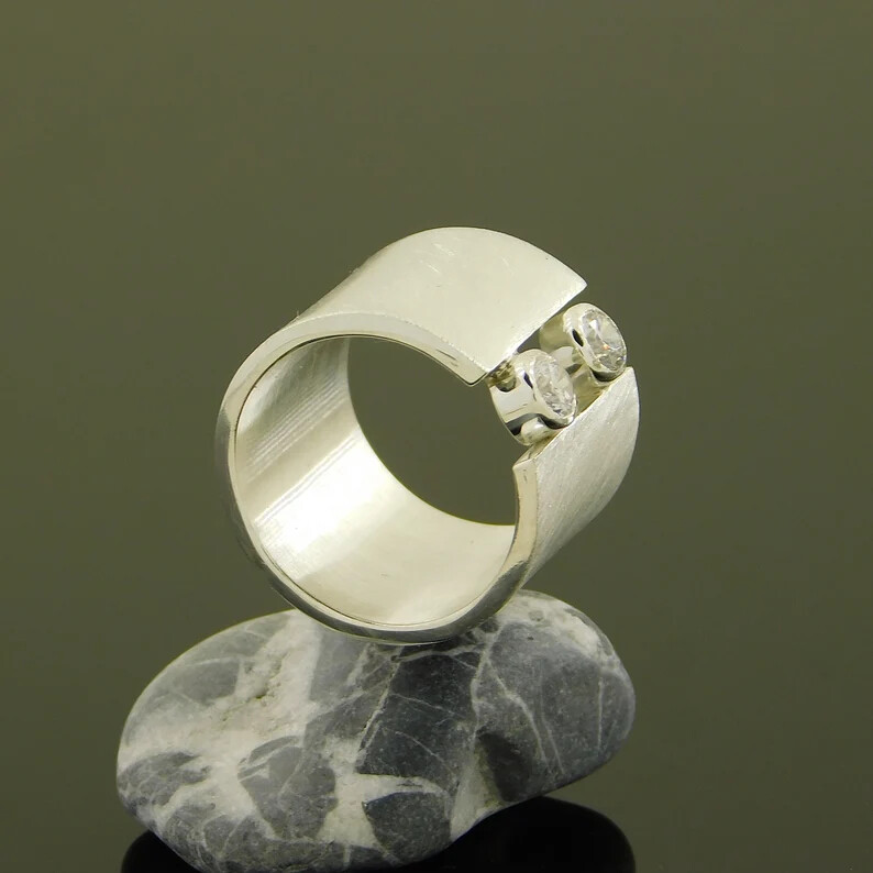 Crystal 925 Sterling Silver Wide Band& Statement Ring Handmade Ring All size