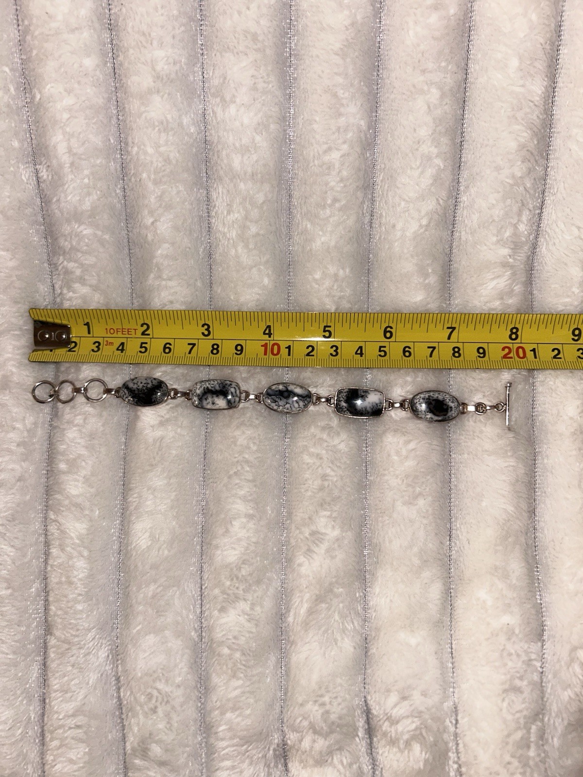 925 Sterling Silver Toggle Bracelet Black & White Dendritic Opal 7 to 8 in. Rare