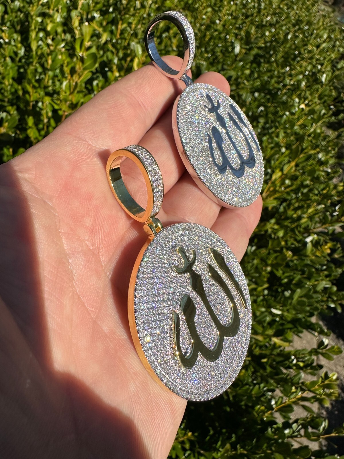 MOISSANITE Real 925 Silver / Gold Allah Medallion Arabic Necklace Pendant Iced