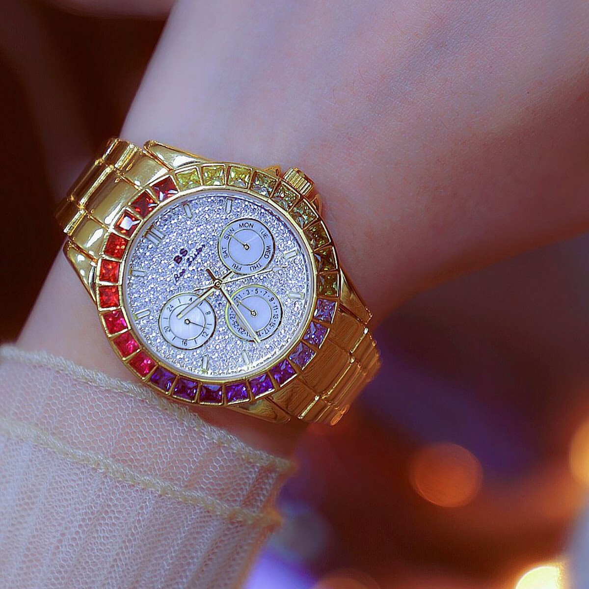 Rainbow Crystal Bezel Women Watch Gold Tone Colored Gems Women’s Wrist Watch
