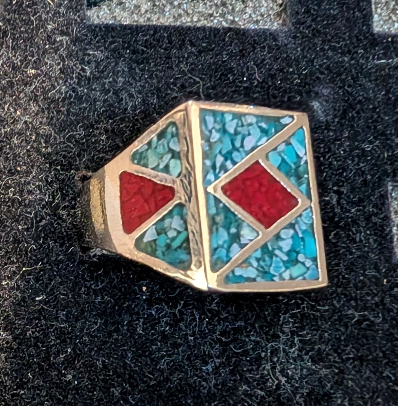 Vintage Turq. & Coral Design Nickle Silver Men’s Rings Size 9 Resin Filled