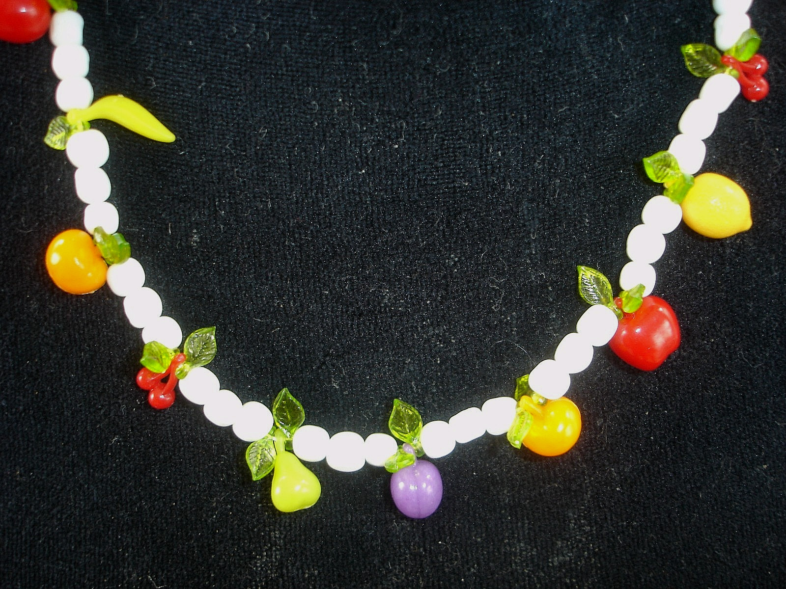 Vintage Plastic FRUIT White Glass Bead Necklace-Apple Banana Orange Pear Cherry