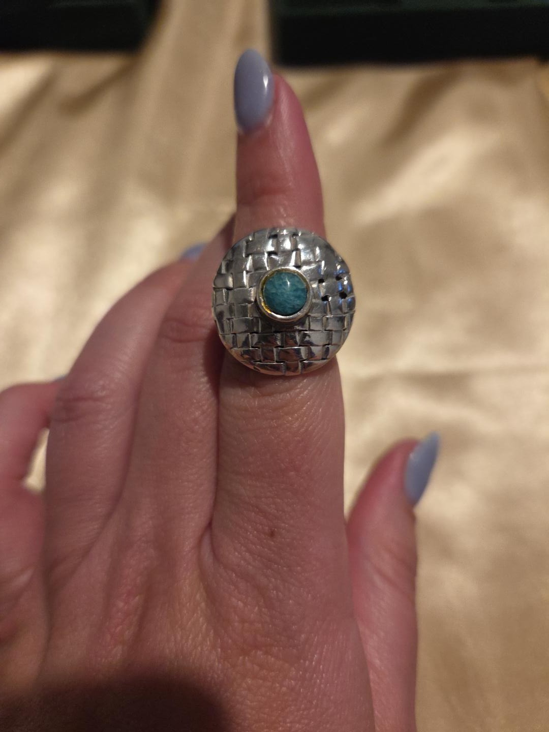 Vintage 925 Sterling Silver Blue Green Cabochon Ring Basket Weave Dome Size 6