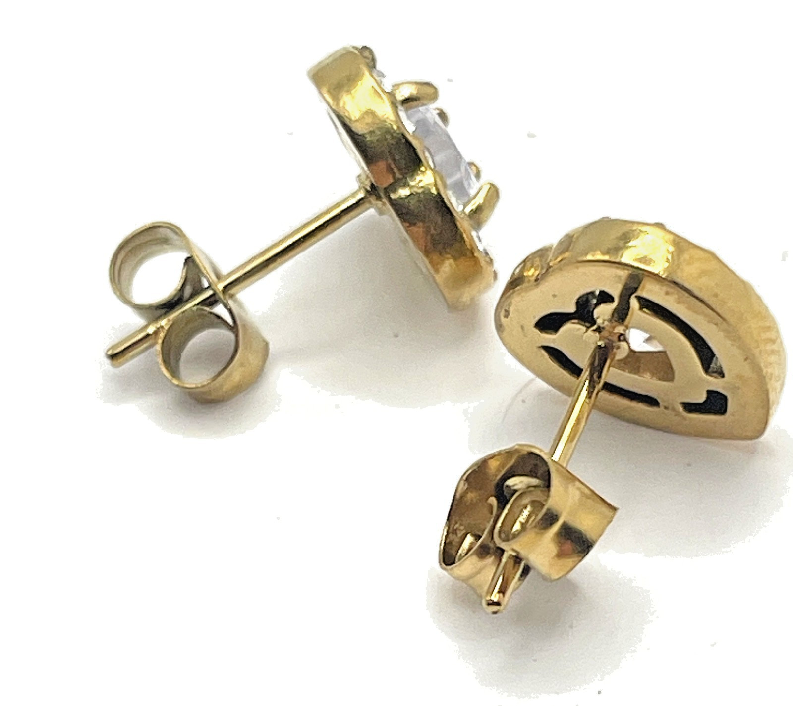 18K Gold Plated Heart Stud Earrings CZ Halo Stainless Steel PVD Coated