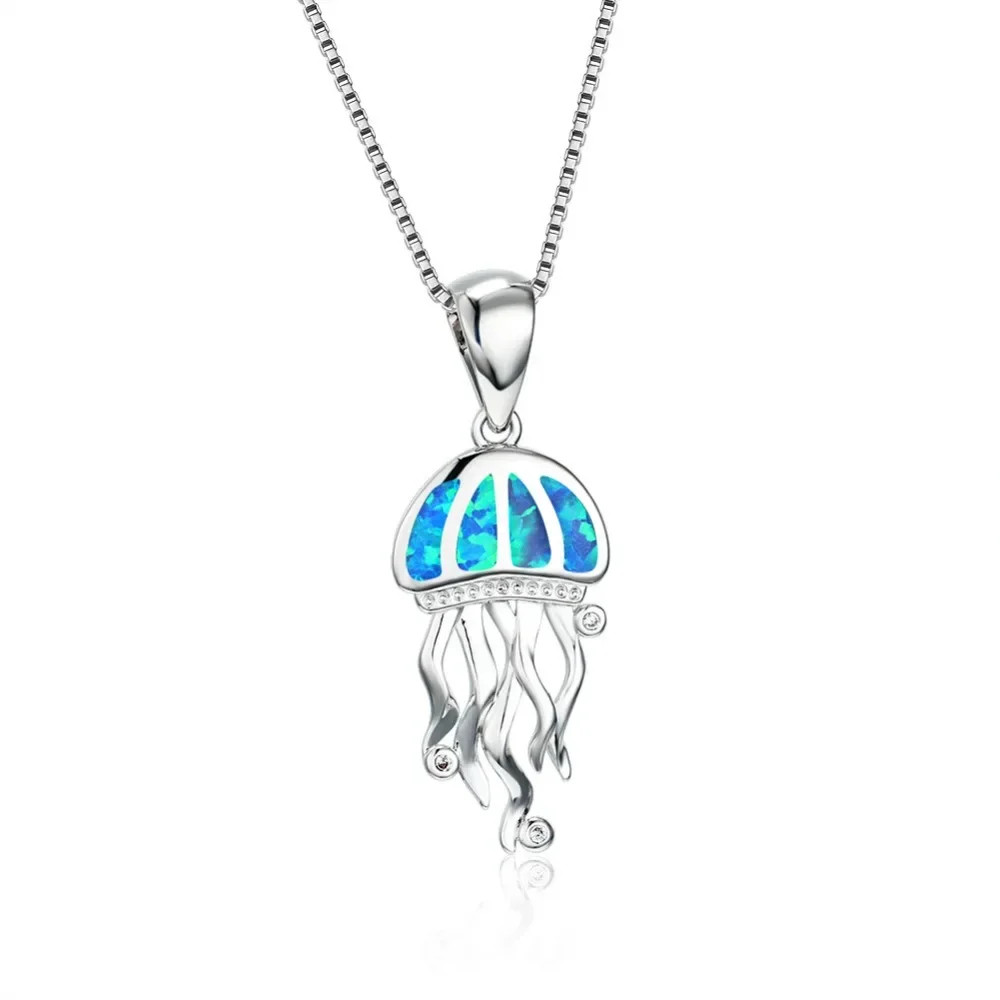 Women’s Fashion Blue Opal Jewelry Silver Jellyfish Pendant Necklace Chain