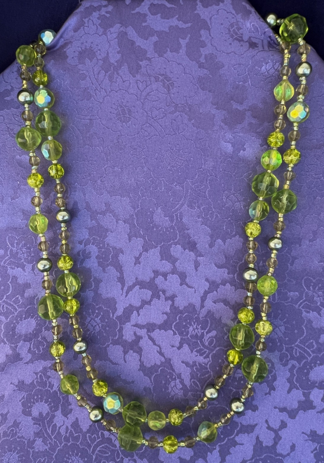 Beaded 2 Strand Necklace 17 1/2 Inches Dangle Earrings Glass Beads Pastel Green