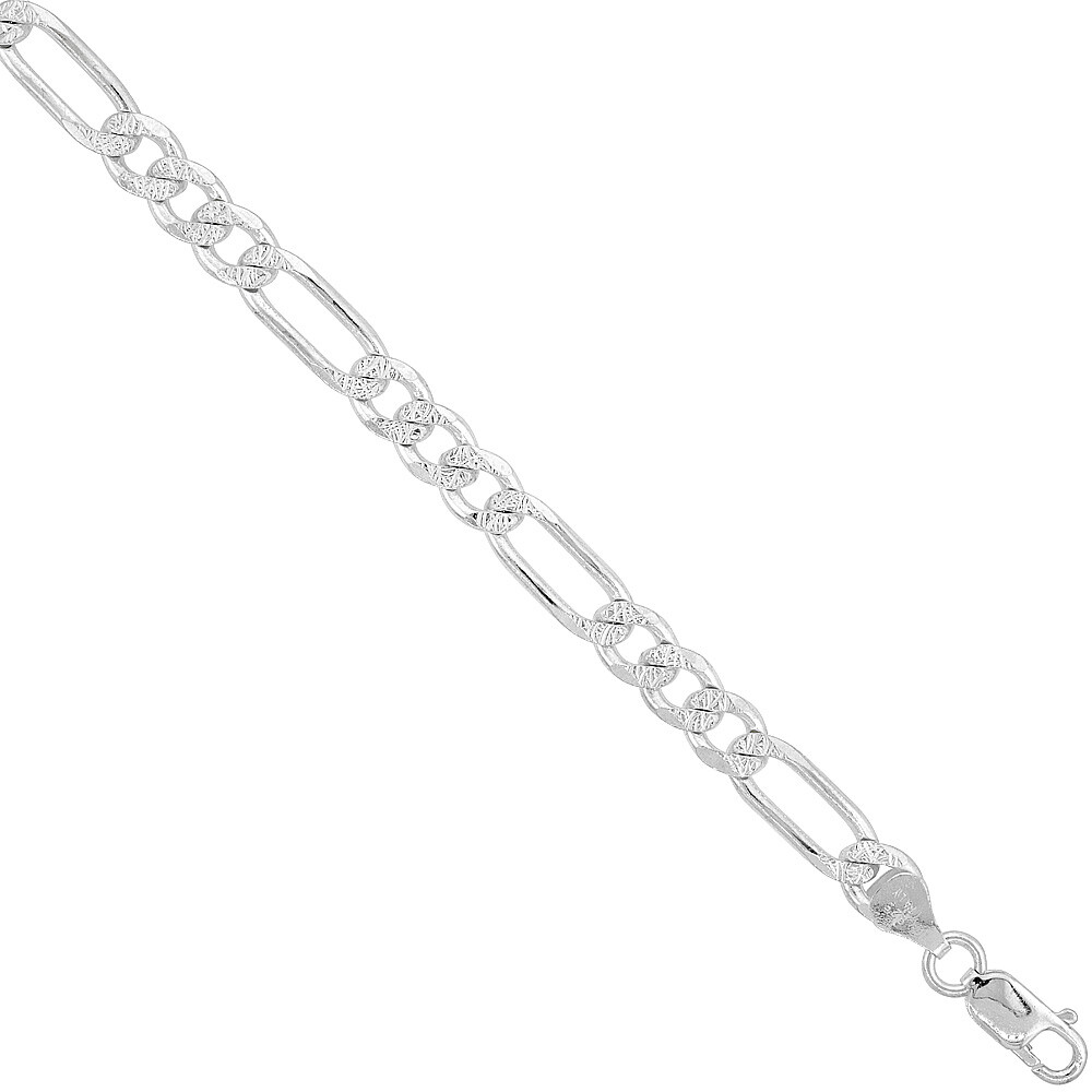 925 Sterling Silver Pave Cut Beveled Figaro Link Chain Necklace 6.6mm 7″ to 30″