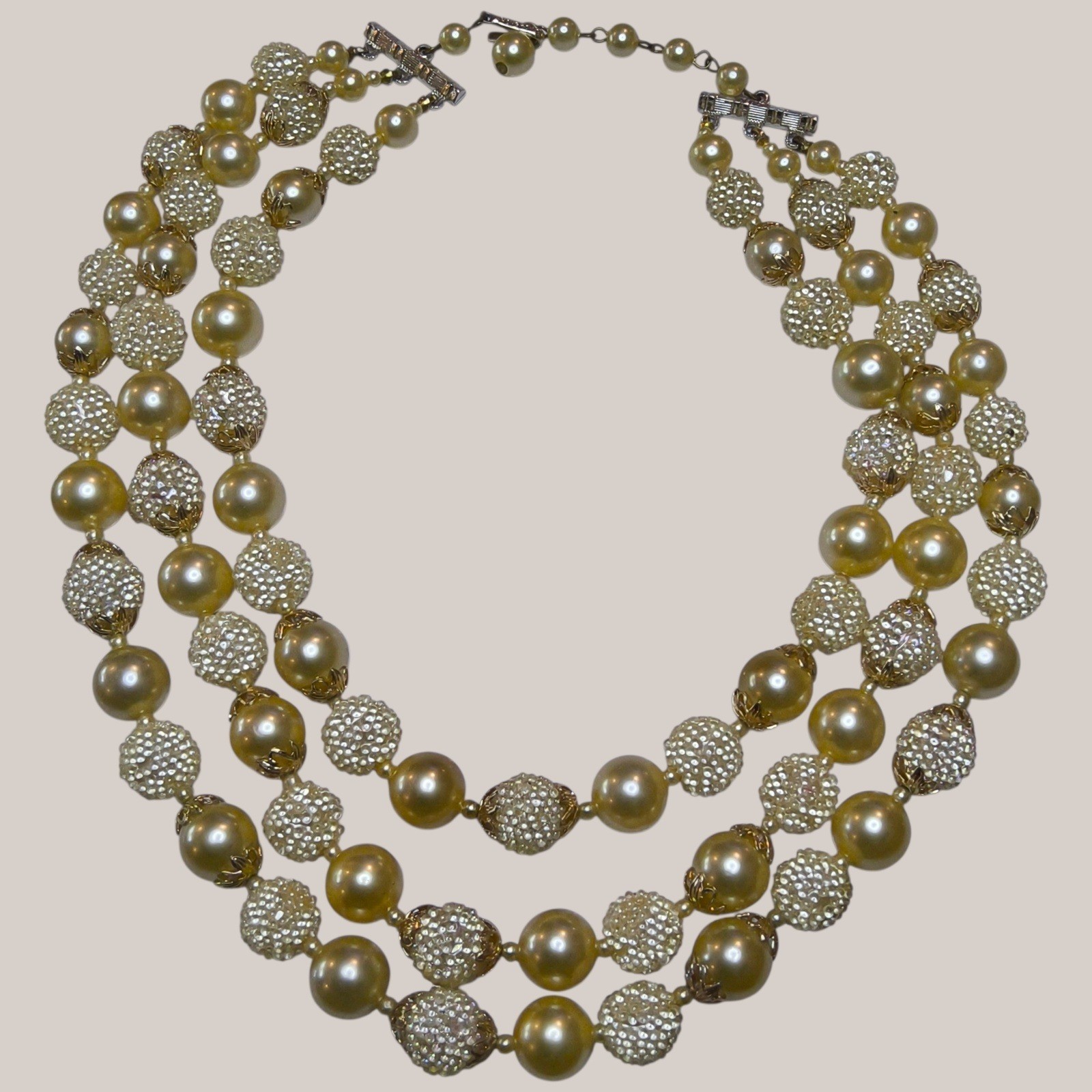 Vintage Hong Kong 3 Strand Faux Pearl Necklace Champagne Gold Beaded Choker