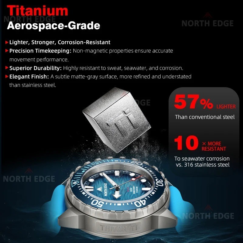 NORTH EDGE TRITON-TI Titanium Stainless Solar-Powered Diving Watch Luxury Quartz