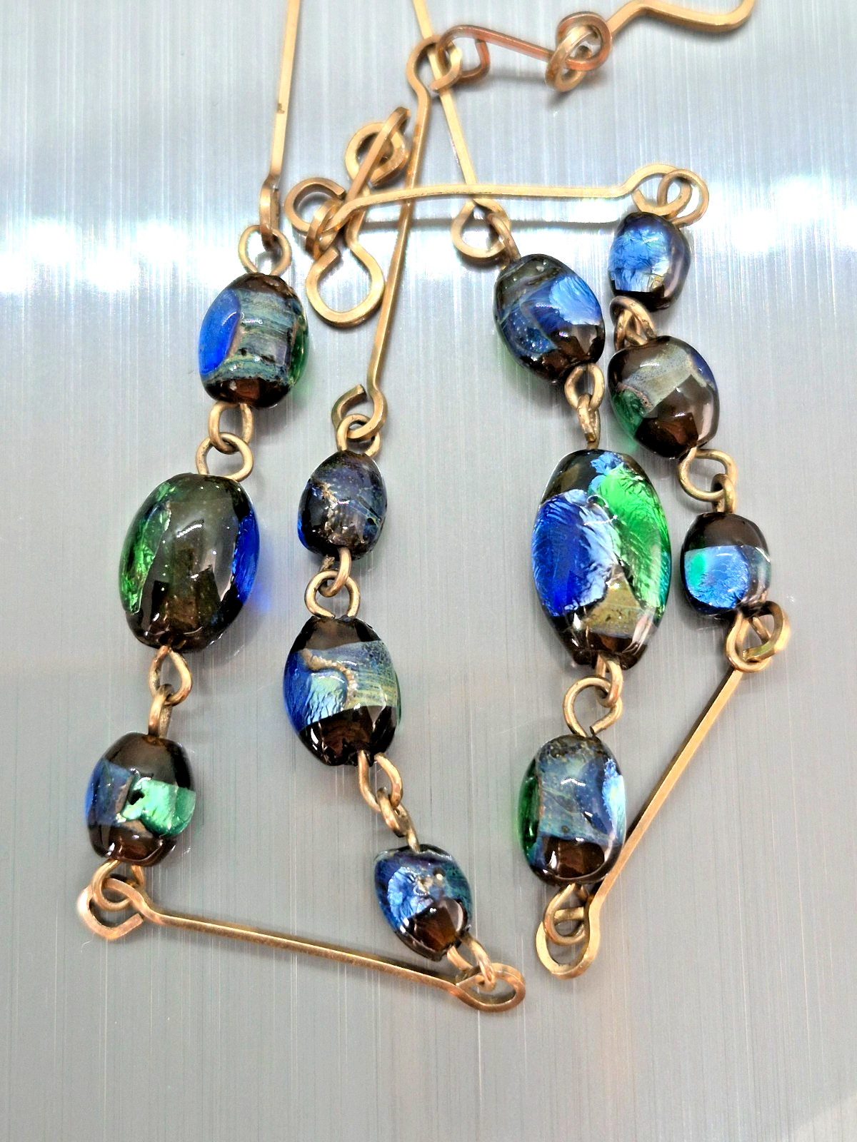 Vintage Art Deco Venetian Green, Blue & Black Foil Glass Bead Necklace 18″